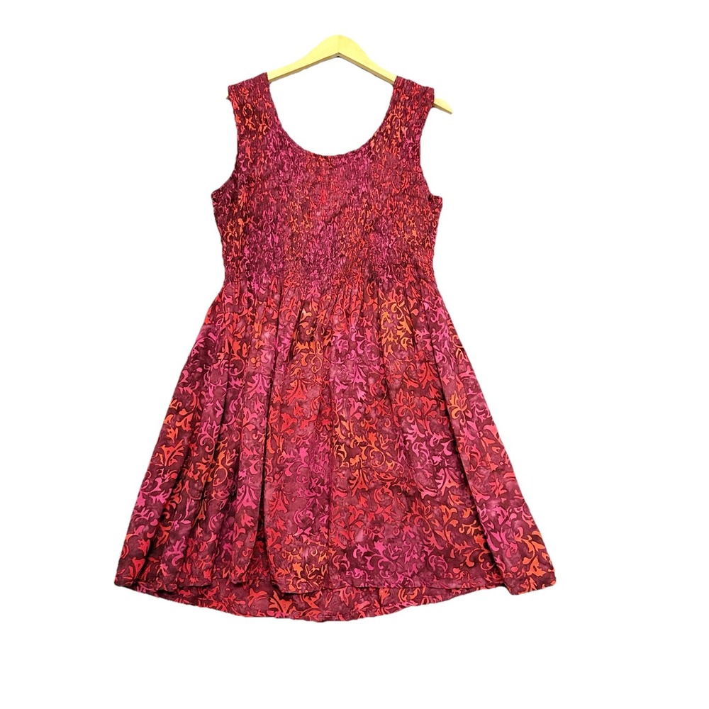 GO FISH Sleeveless Dress Large Smocked Orange Purple Batik Beach‎ Hippie Boho